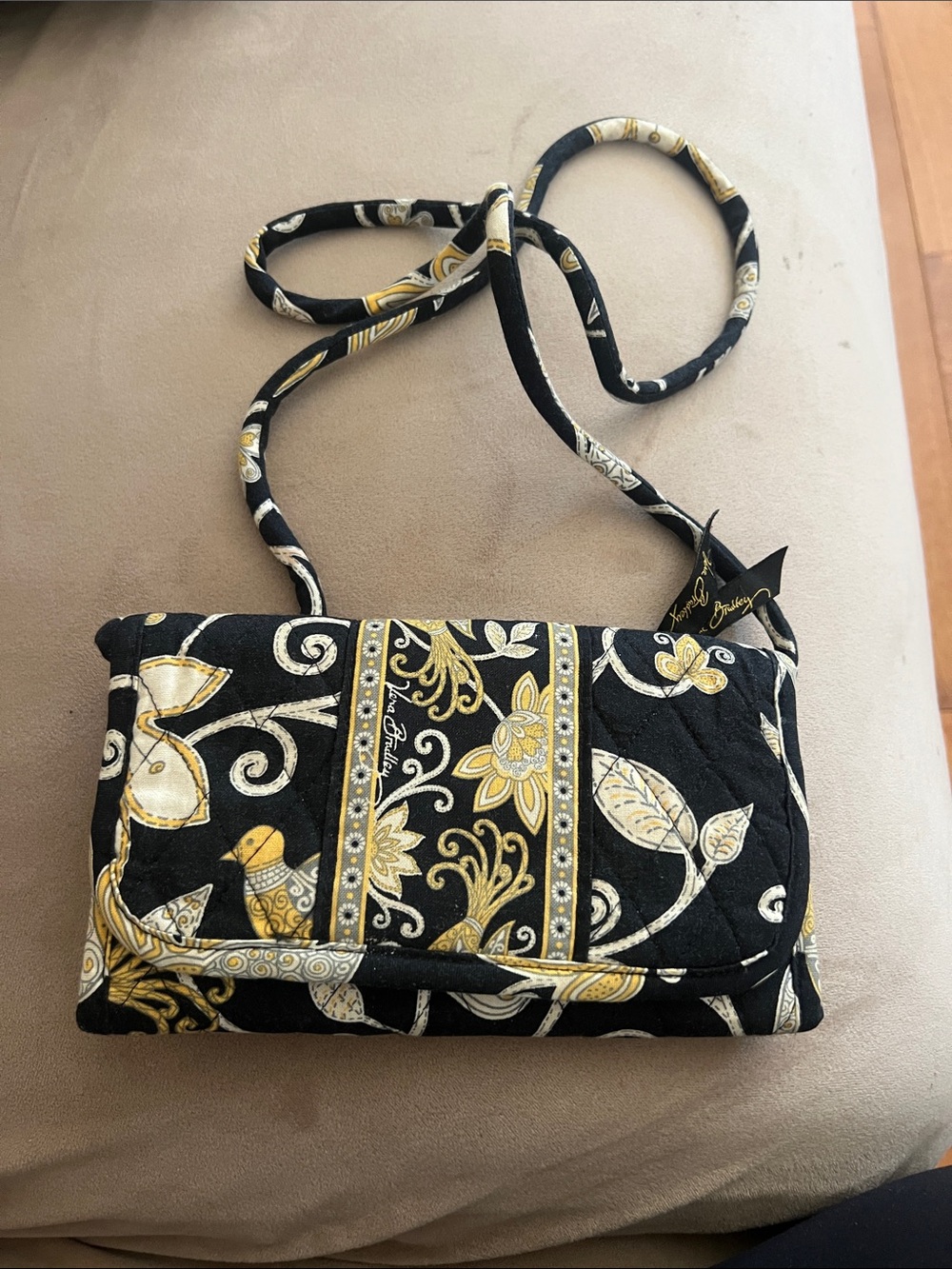 Vera Bradley Black and Gold Floral Quilted Crossbody Wallet